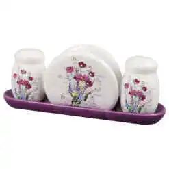 Set solnita si pipernita cu suport servetel din ceramica 23x9 CM, Mararite