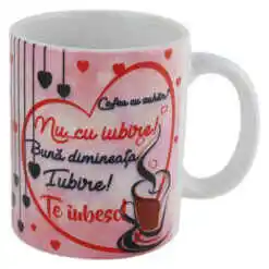 Cana ceramica "Buna dimineata Iubire!..." 330 ml, Roz