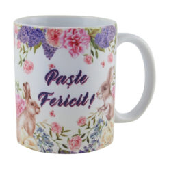 Cana ceramica "Paste Fericit", 330 ml, decor Iepuras