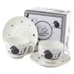 Set 2 cani cu farfurie din portelan 280 ml "Charming Owls"