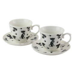 Set 2 cani cu farfurie din portelan 250 ml, "Black Cats", in cutie decorativa