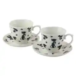 Set 2 cani cu farfurie din portelan 250 ml, "Black Cats", in cutie decorativa