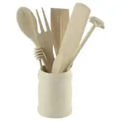 Set 6 ustensile din lemn pentru bucatarie cu suport rotund