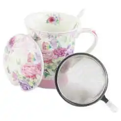 Cana ceramica cu infuzor metalic, capac si lingurita 300 ml, Flori colorate