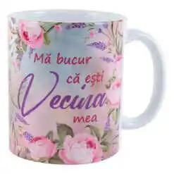 Cana ceramica "Ma bucur ca esti Vecina mea", 330 ml, trandafiri & lavanda