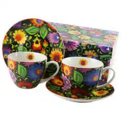 Set 2 cani cu farfurie din portelan 250 ml "Etnic", in cutie decorativa