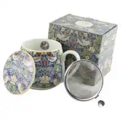 Cana portelan cu infuzor metalic si capac 430 ml "Strawberry Thief Blue" de William Morris