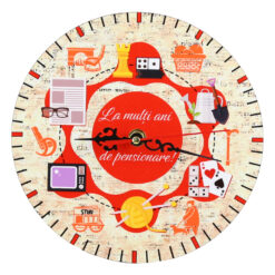 Ceas perete din lemn 19.5 CM, "La multi ani de pensionare"