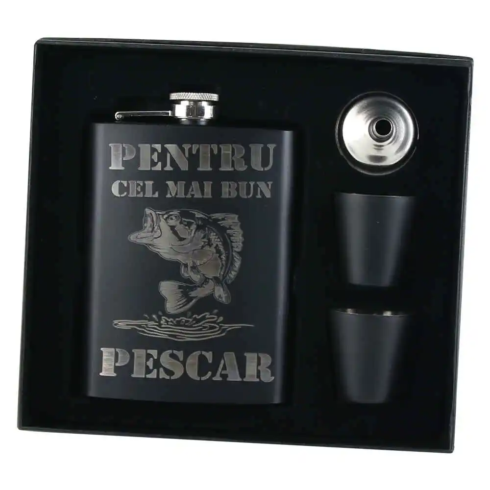 Set cadou "Pentru cel mai bun Pescar" Plosca cu palnie si 2 pahare