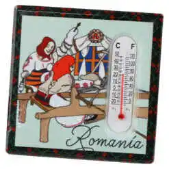 Magnet frigider din ceramica cu termometru Romania, 7.5x7.5 CM