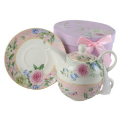Set ceainic cu ceasca si farfurioara 350 ml/310 ml, Trandafiri, in cutie decorativa, roz