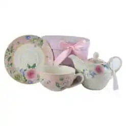 Alternative view of Set ceainic cu ceasca si farfurioara 350 ml/310 ml, Trandafiri, in cutie decorativa, roz