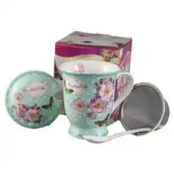Cana ceramica cu infuzor, capac si lingurita, "Beautiful Life" 300 ml, in cutie cadou,
