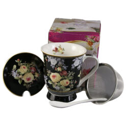 Cana ceramica cu infuzor, capac si lingurita, 300 ml, in cutie cadou, Flori, negru