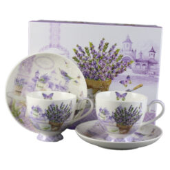 Set 2 cesti din ceramica cu farfurii, "Lavender Passion", 150 ml, in cutie cadou
