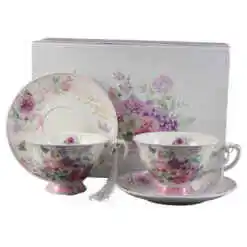 Set 2 cesti din ceramica cu farfurii, "Elegant taste", 150 ml, in cutie cadou