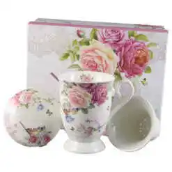 Cana ceramica cu infuzor si capac, 300 ml, "Beautiful Flowers", in cutie cadou