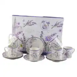 Set 6 cesti din ceramica cu farfurii, "Lavender", 90 ml, in cutie cadou,  Lavanda Flow