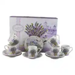 Set 6 cesti espresso, din ceramica cu farfurii, "Lavender Passion", 90 ml, in cutie cadou