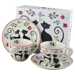 Set 2 cesti cu farfurii din portelan 250 ml "Pisici", in cutie decorativa, Etno