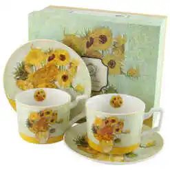 Set 2 cesti cu farfurii din portelan 270 ml "Sunflowers" de V. van Gogh, in cutie decorativa