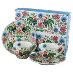 Set 2 cesti espresso cu farfurii din portelan 90 ml "Folk Roosters", in cutie decorativa