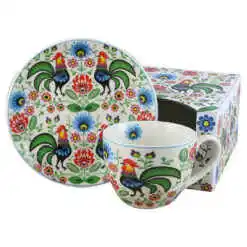 Cana portelan cu farfurie 250 ml, "Folk Roosters", in cutie decorativa