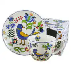 Cana portelan cu farfurie 250 ml, "Kashubian Bird", in cutie decorativa