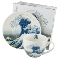 Cana portelan cu farfurie 250 ml, "The Great Wave" de K. Hokusai, in cutie decorativa