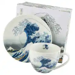 Cana portelan cu farfurie 250 ml, "The Great Wave" de K. Hokusai, in cutie decorativa
