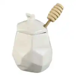 Recipient miere din ceramica cu capac si lingurita bambus, cu albinuta, White