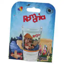 Pahar shot din sticla "Romania", in ambalaj decorativ