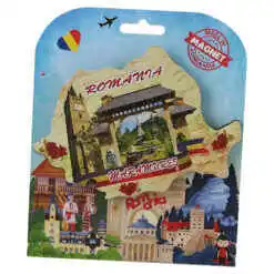 Magnet decorativ Harta Romaniei din lemn 10x7 CM, Maramures, cu florare