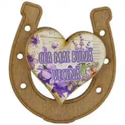 Magnet frigider din lemn "Cea mai buna Vecina" 7x8 CM, Potcoava