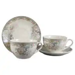 Set 2 cesti din ceramica cu farfurii, 150 ml, Trandafiri, albastru, in cutie cadou