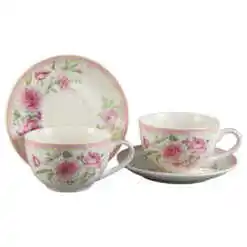 Set 2 cesti din ceramica cu farfurii, 150 ml, Flori roz, in cutie cadou