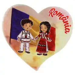 Magnet din ceramica "Romania" 7 CM, Copii in port traditional, inimioara