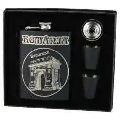 Set cadou "Romania"  Plosca gravata cu palnie si 2 pahare, Bucuresti