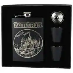 Set cadou "Romania"  Plosca gravata cu palnie si 2 pahare, Castelul Peles, gravata