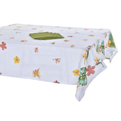 Set fata de masa din bumbac cu 4 servetele 150x150 CM/35x35 CM, cu flori colorate