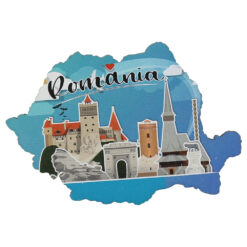 Magnet frigider din lemn, Harta Romaniei, 9x6 CM, Monumente, albastru