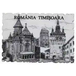 Magnet frigider din lemn "Romania" 9x6 CM, Timisoara, alb/negru