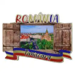 Magnet frigider din lemn "Romania" 9x6.5 CM, Timisoara, fereastra