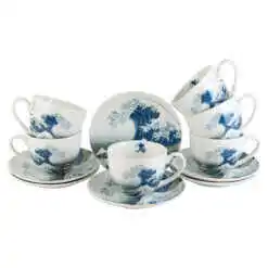 Set 6 cesti cu farfurii "The great Wave" de Hokusai, 250 ml, in cutie decorativa