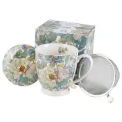 Cana portelan cu infuzor metalic si capac, "Peony White", 510 ml, in cutie decorativa