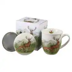 Cana portelan cu infuzor metalic si capac, "Deer", 400 ml, in cutie decorativa
