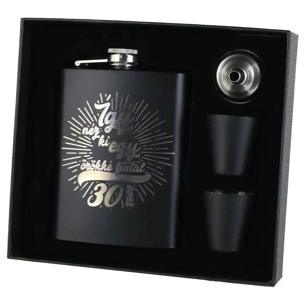 Set cadou "Igy nez ki egy orokke fiatal 30 eves", Plosca cu palnie si 2 pahare