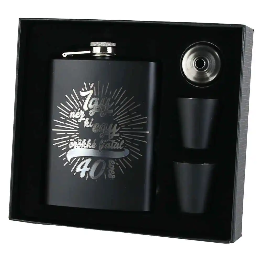 Set cadou "Igy nez ki egy orokke fiatal 40 eves", Plosca cu palnie si 2 pahare