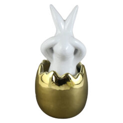 Figurina Iepuras in ou, din ceramica, 6x12 CM, alb/auriu