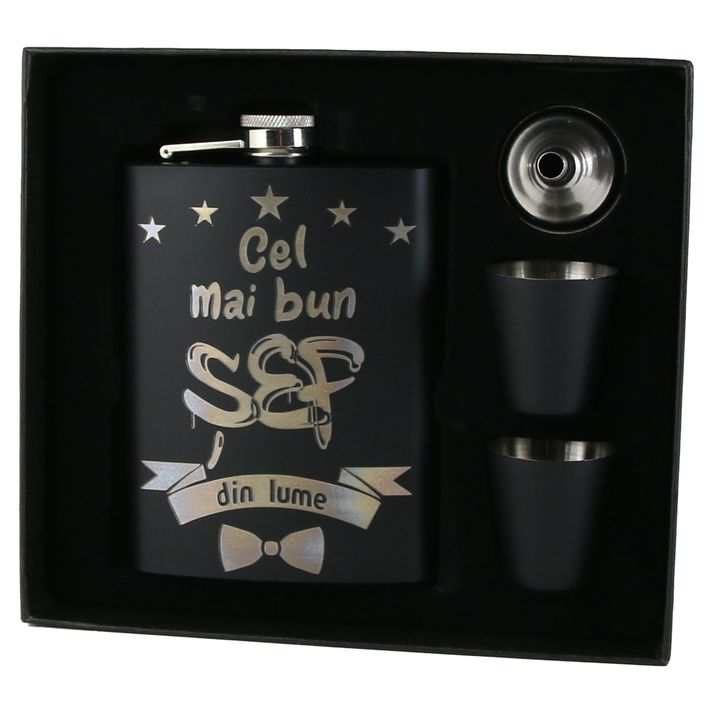 Set cadou "Cel mai bun Sef din lume", Plosca cu palnie si 2 pahare